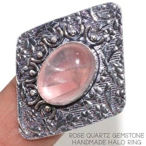 Rose Quartz Gemstone Handmade Diamond Halo Ring
